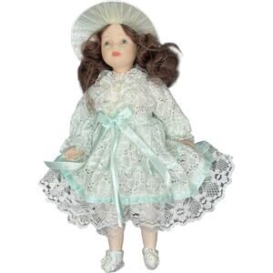 Porcelain Girl Doll in Mint Green Lace Dress with Wide Brim Hat